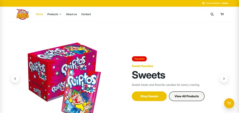 Grocery home page: a carousel of Latin sweets under a Top picks label, with a market selector in the top bar.