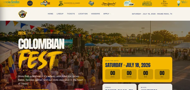 Festival home page: a crowd photograph at golden hour behind the event wordmark, a live countdown to the date, and a sponsor strip running across the top.