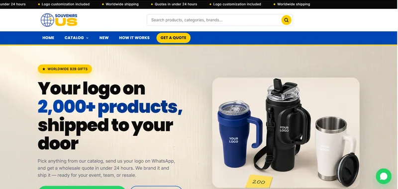 Corporate merch store home page: branded drinkware beside a headline about putting a logo on 2,000+ products, with predictive search and a get-a-quote call to action.