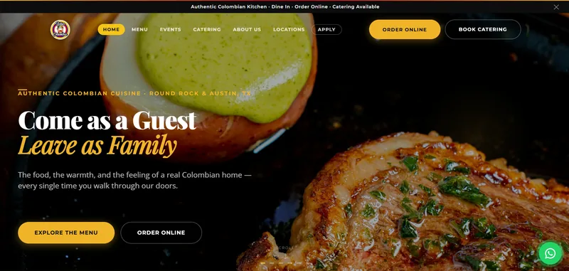Restaurant home page: a plated dish filling the hero, a headline welcoming guests as family, and buttons to explore the menu or order online.
