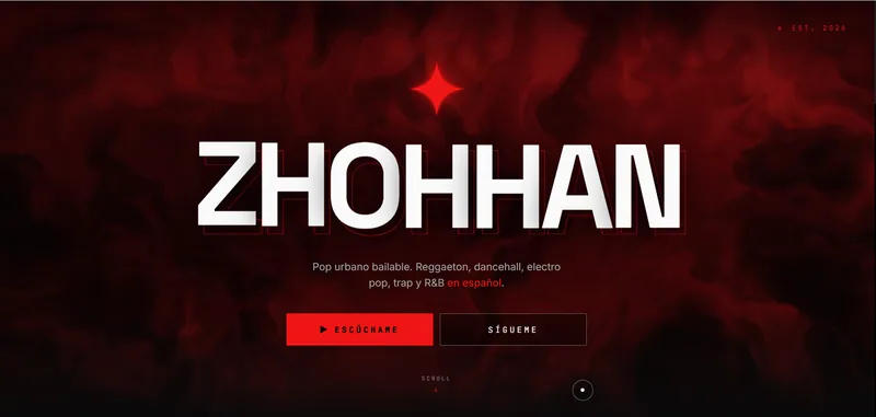 Artist home page: the wordmark over a deep red WebGL background, with a one-line genre description and buttons to listen and follow.